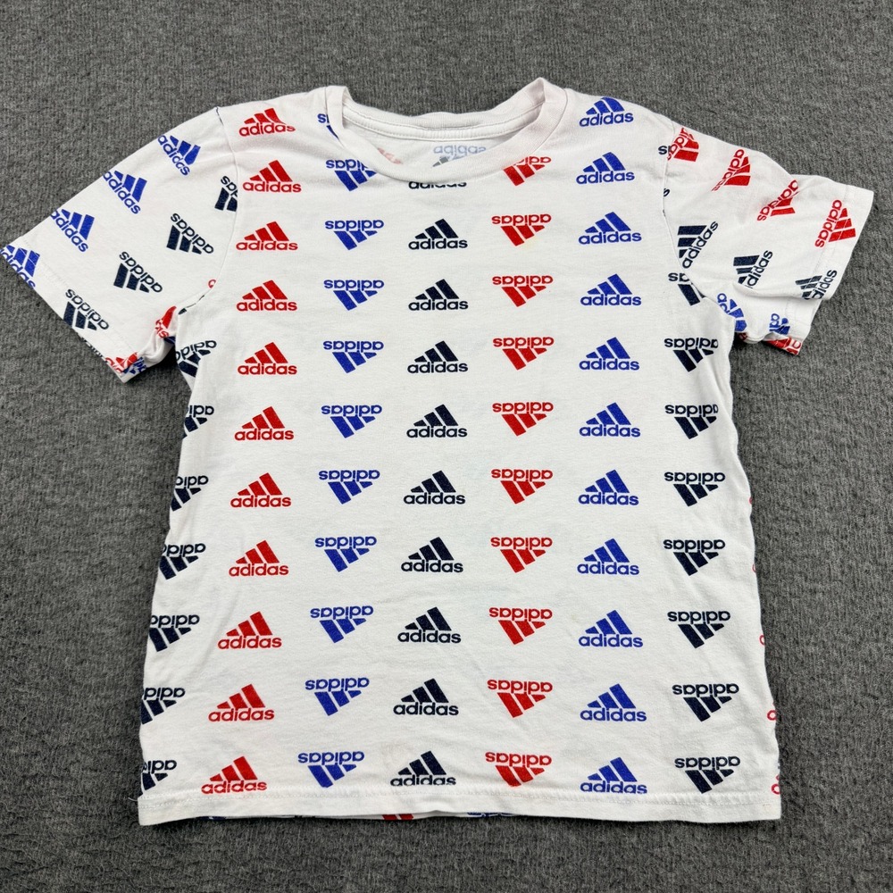 Adidas T-Shirt Kids Size 6 White Red Blue All Over Print Logo Tee Short Sleeves‎